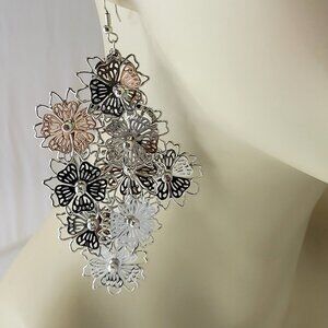 Silver Tone Filigree Flower Drop Earrings